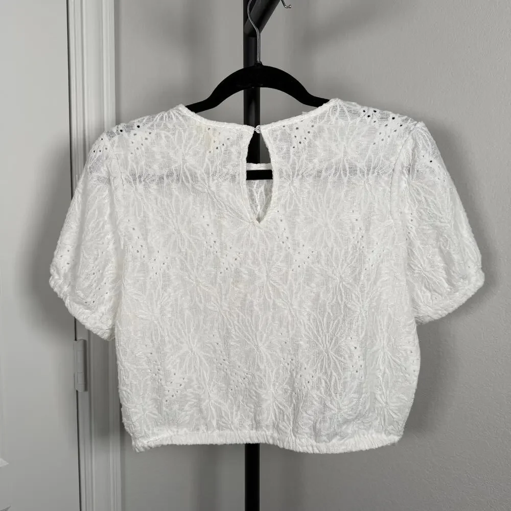 Michael Kors White Floral Eyelet Puff Sleeve Top Size Medium